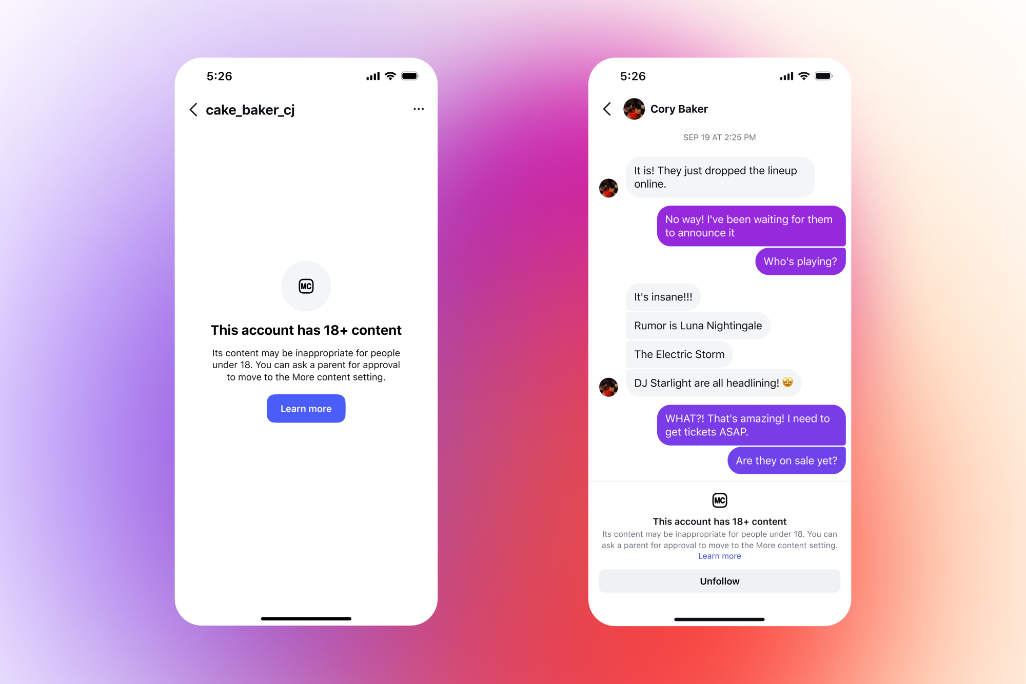 Two phone screens shownew content blocking alerts that pop up when a teen tries to talk to another user that posts 18 plus content.