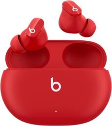 The Beats Studio Buds in red on a white background.
