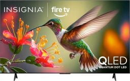Insignia QLED TV with hummingbird on screen