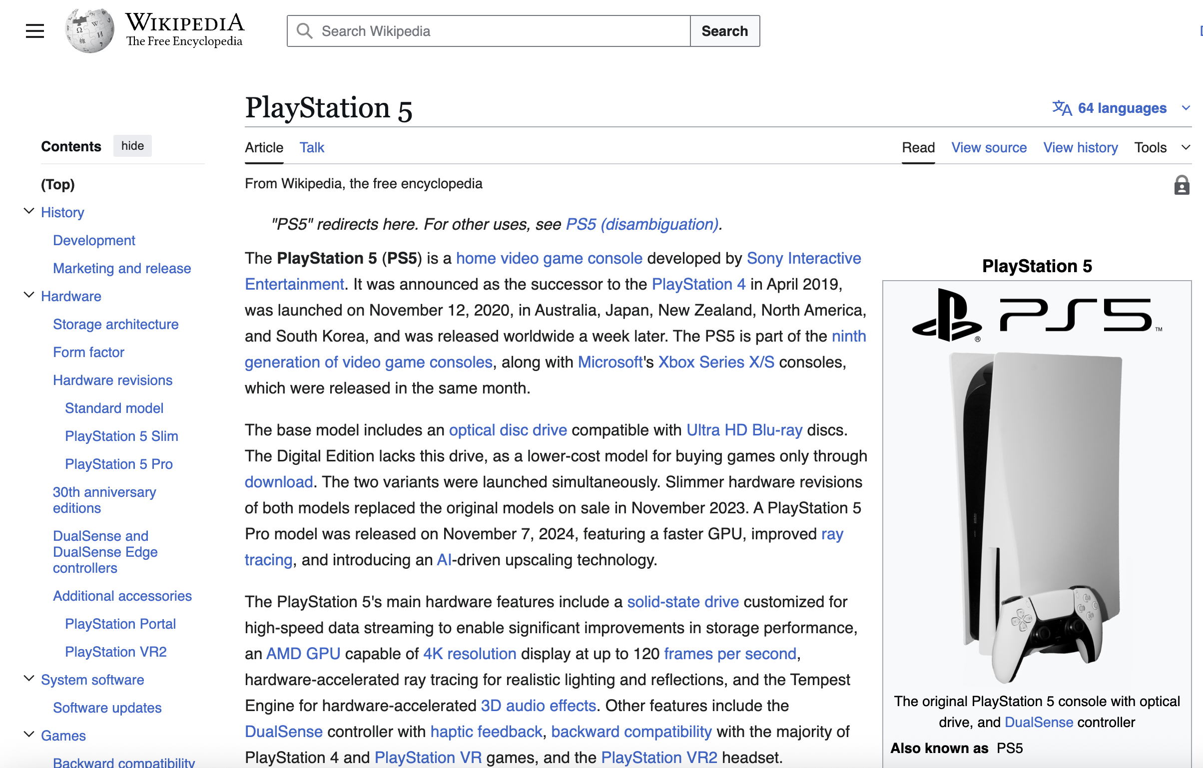Wikipedia entry for PlayStation 5