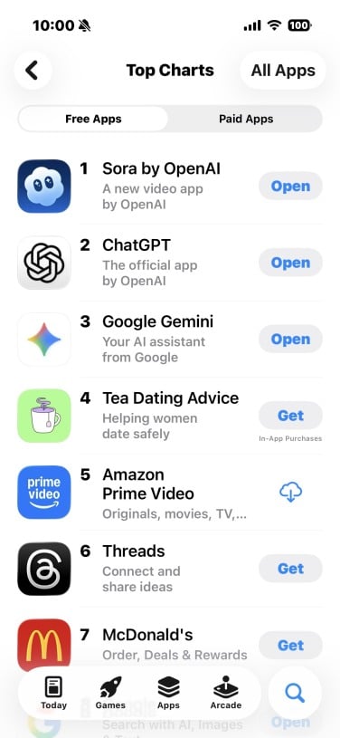 screenshot of apple app store showing sora as top app