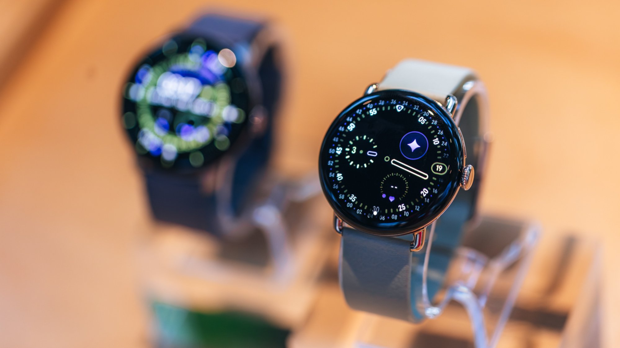 close-up portrait of Google Pixel Watch 4 smartwatches