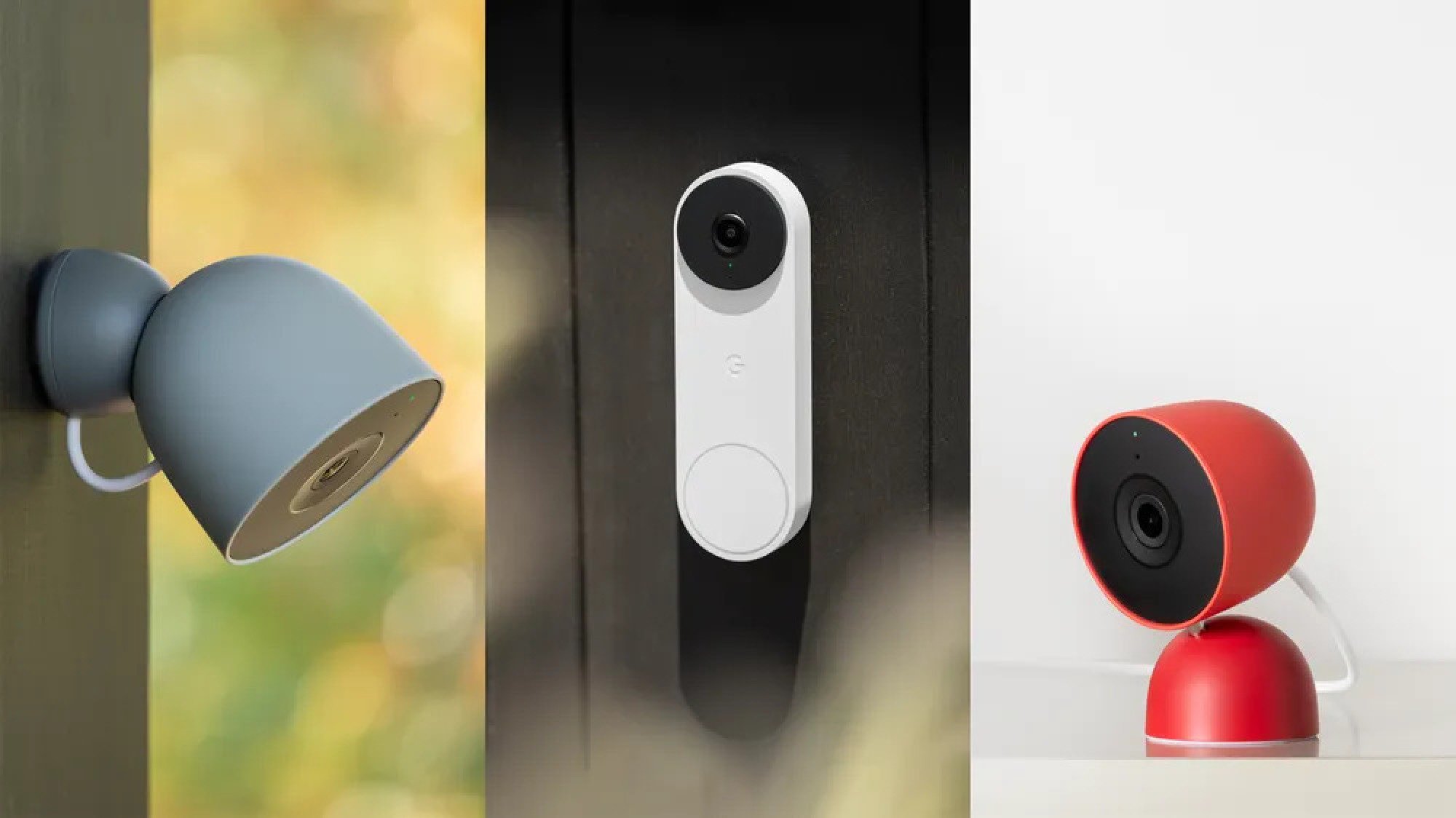 Three Google Nest security cameras and doorbell in different designs and colors.