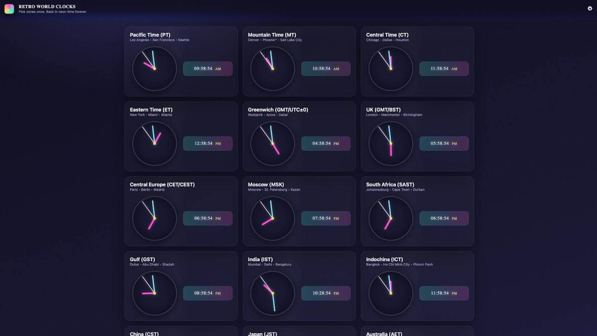 screenshot of a chatgpt-generated website showing clocks of various time zones
