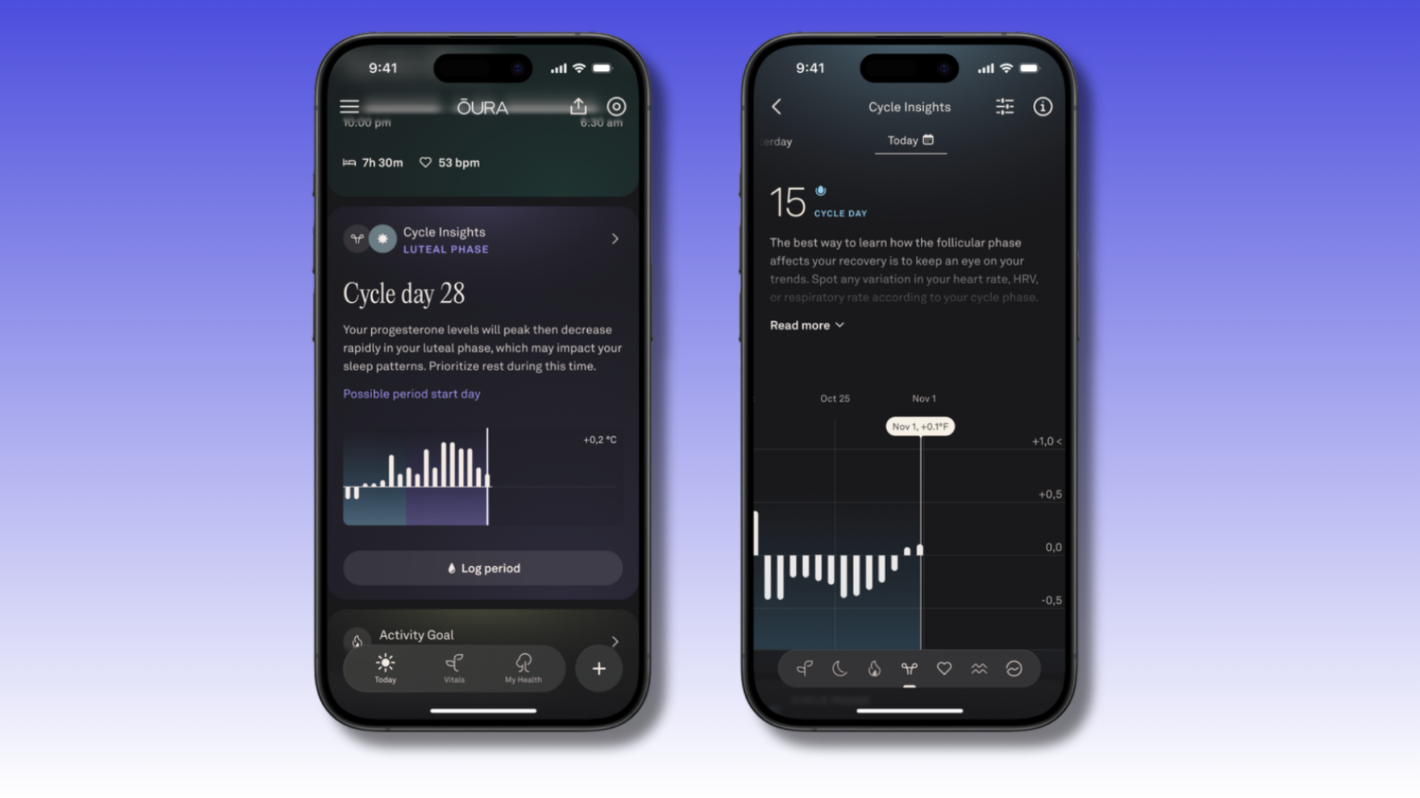Two iPhones showing the new Oura app