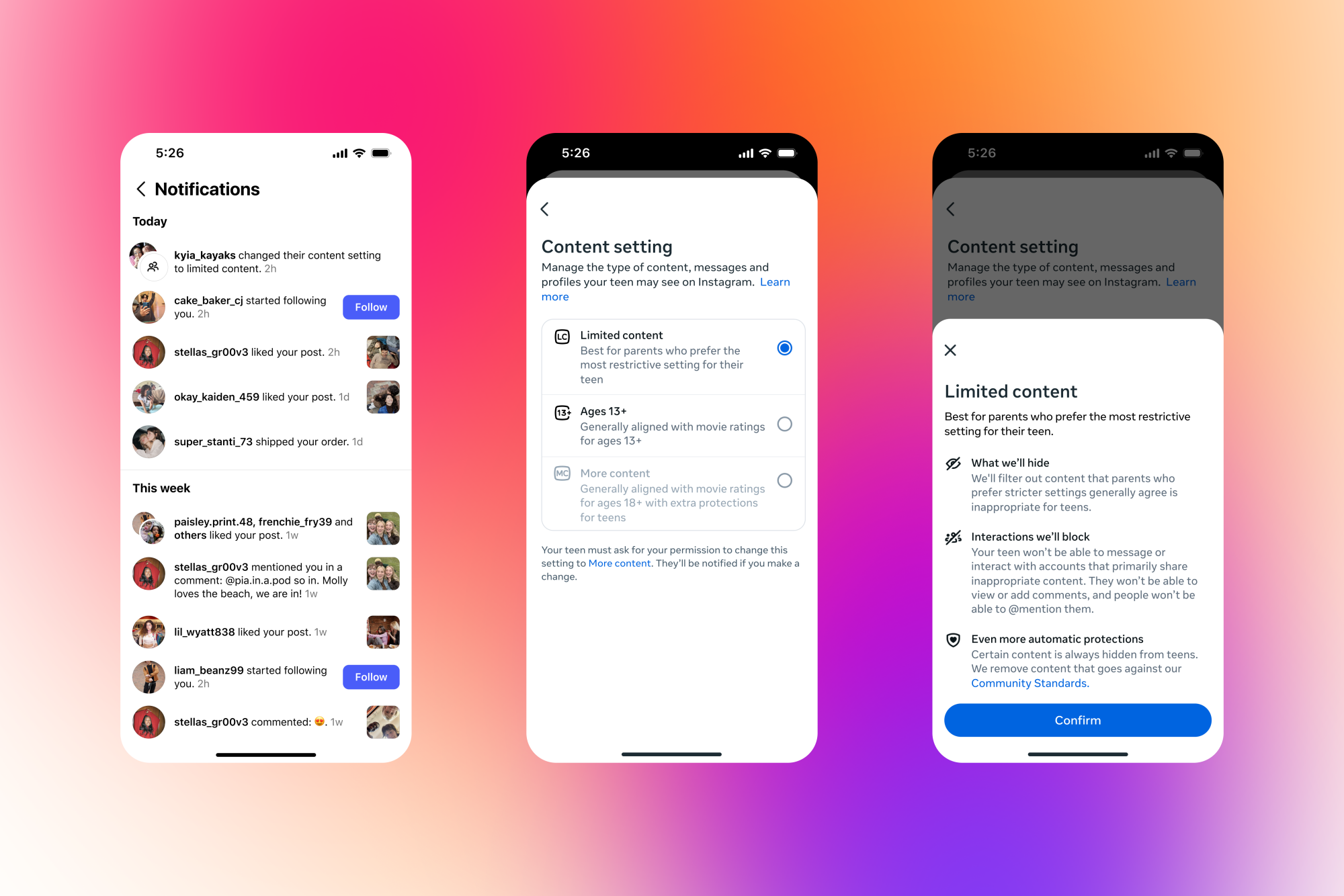 Three phone screens show the settings menus for the strongest level of content controls, labelled "limited content."