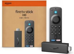 fire tv stick hd streaming stick and box against a white background