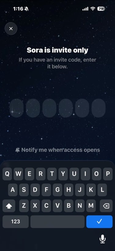 screenshot of sora app invite screen