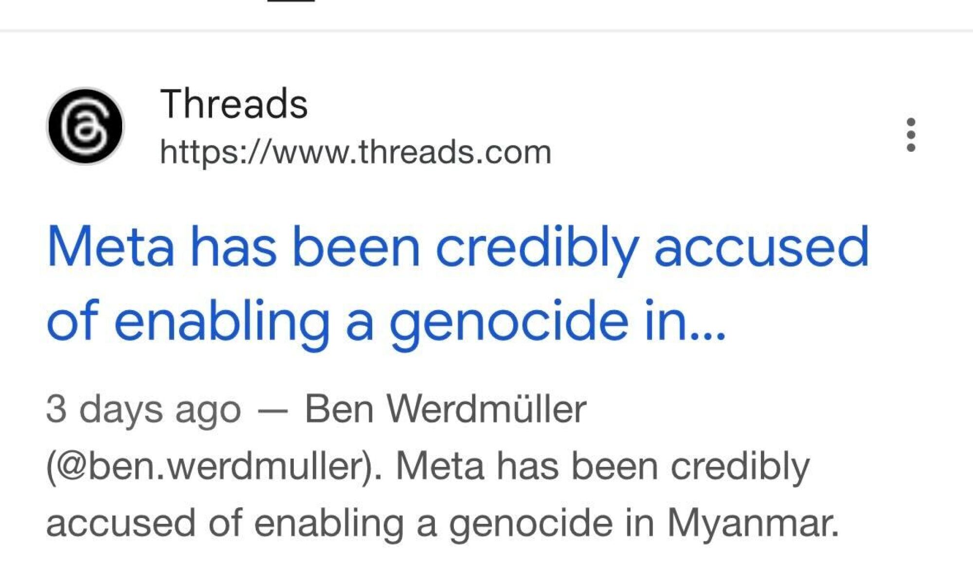 a screenshot of ben werdmuller ghost posting about meta's history in myanmar