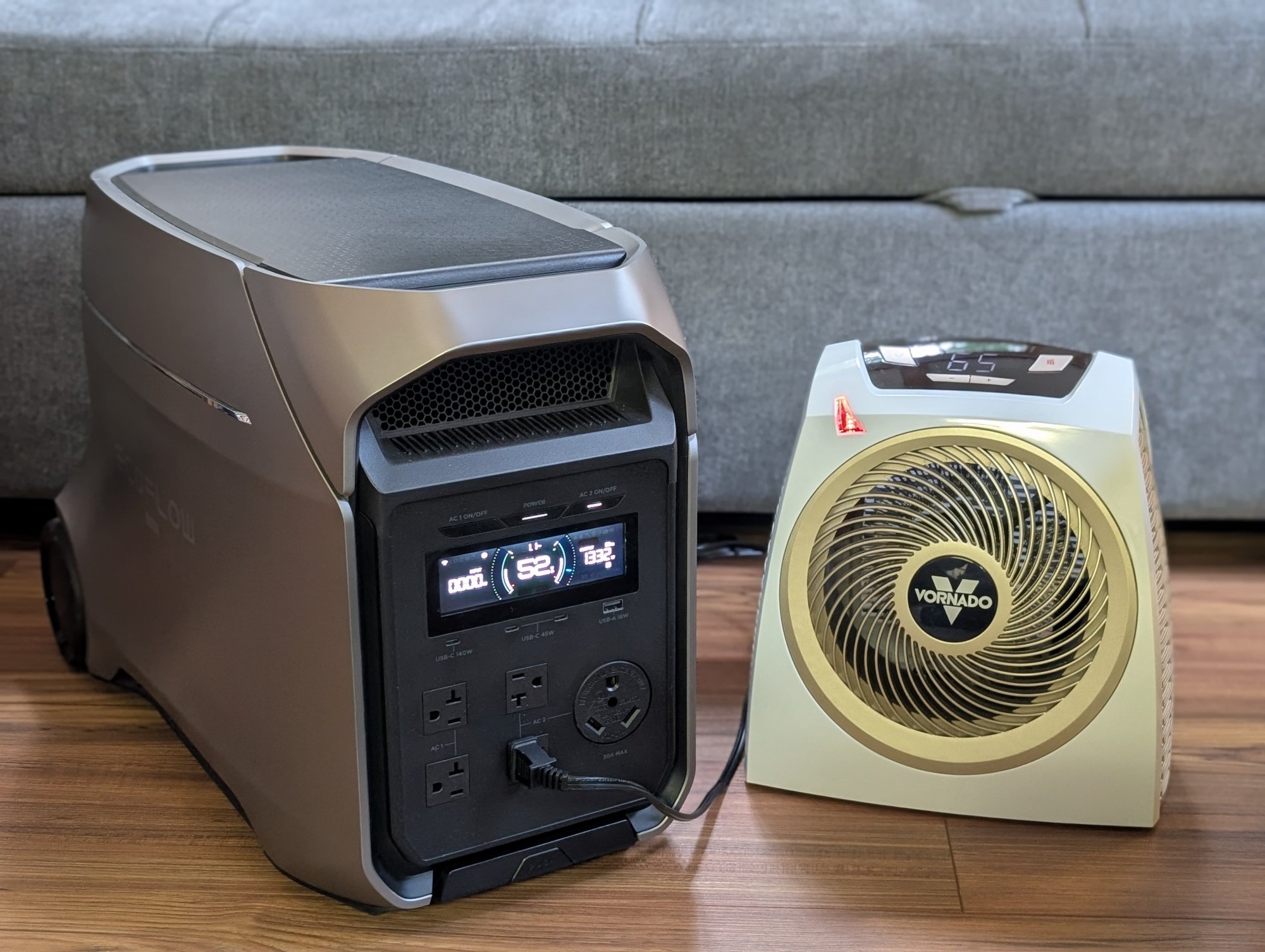 the ecoflow delta 3 ultra plus portable power station inside powering a vornado space heater