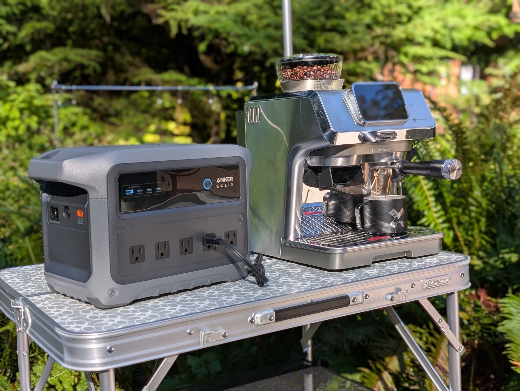 the anker solix c1000 gen 2 powering an espresso machine outside.