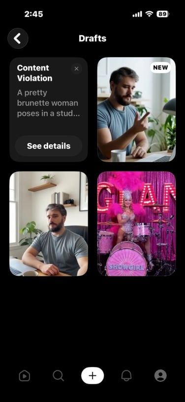 screenshot of drafts folder in sora app