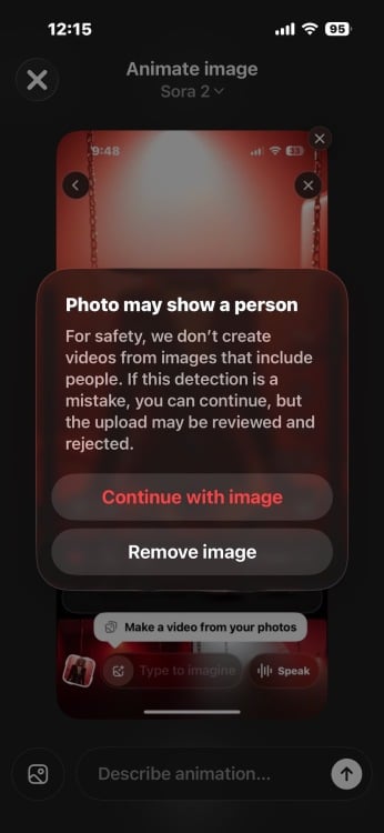 screenshot from sora app showing safety features