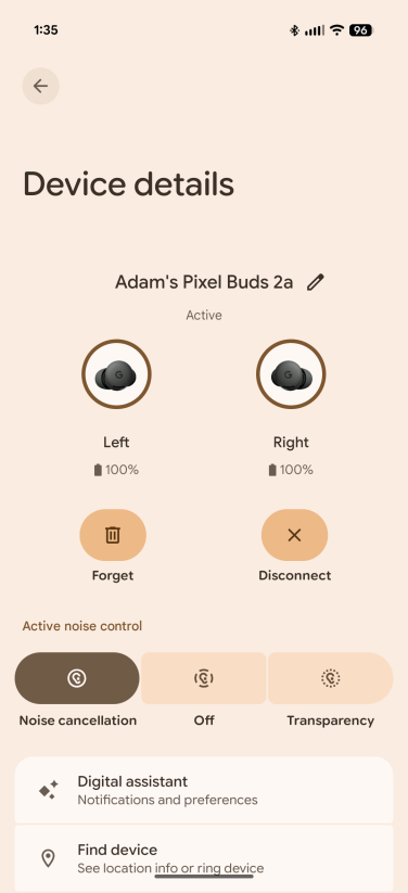 pixel app homescreen showing connected pixel buds