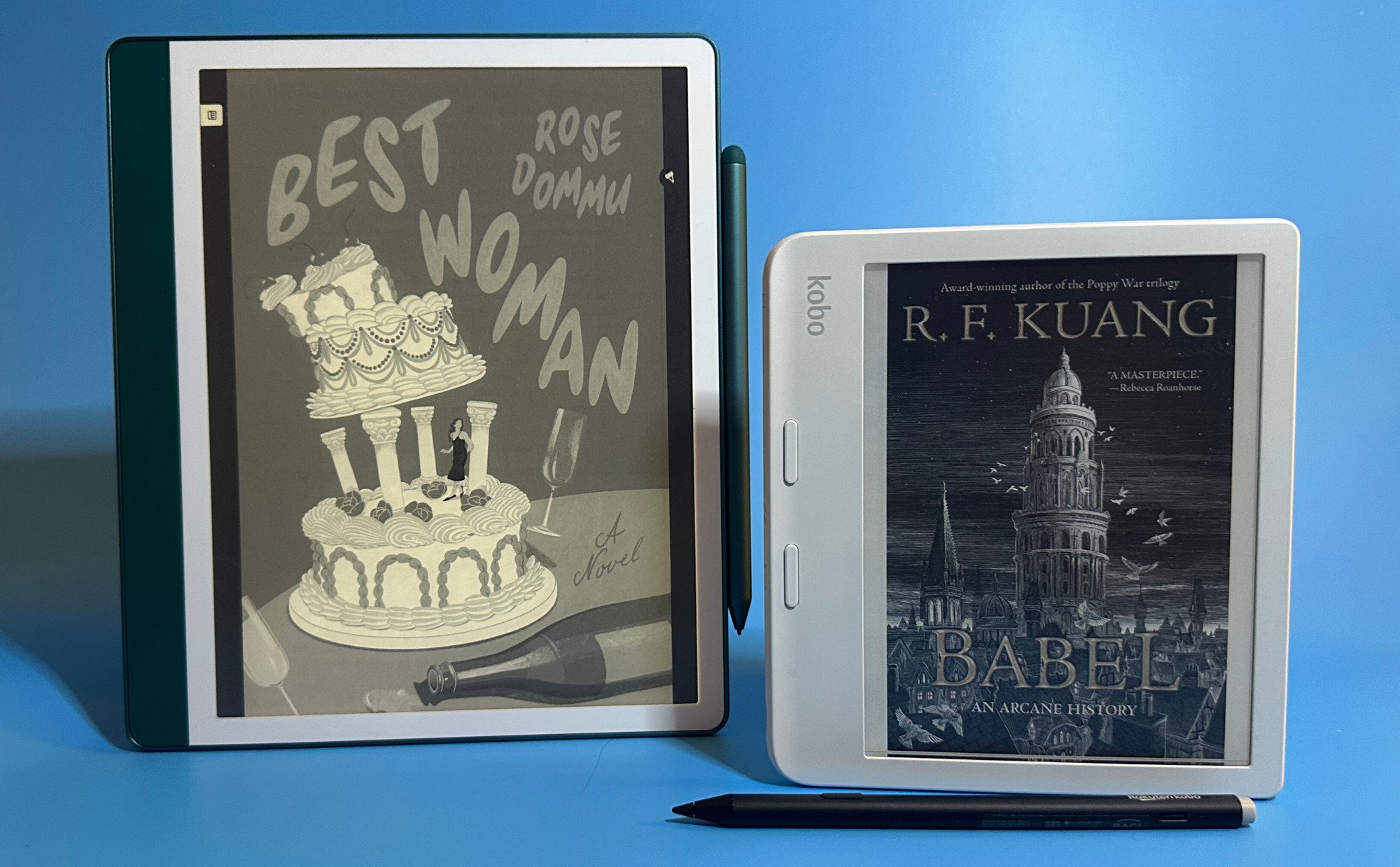 A Kindle Scribe next to a Kobo Libra Colour