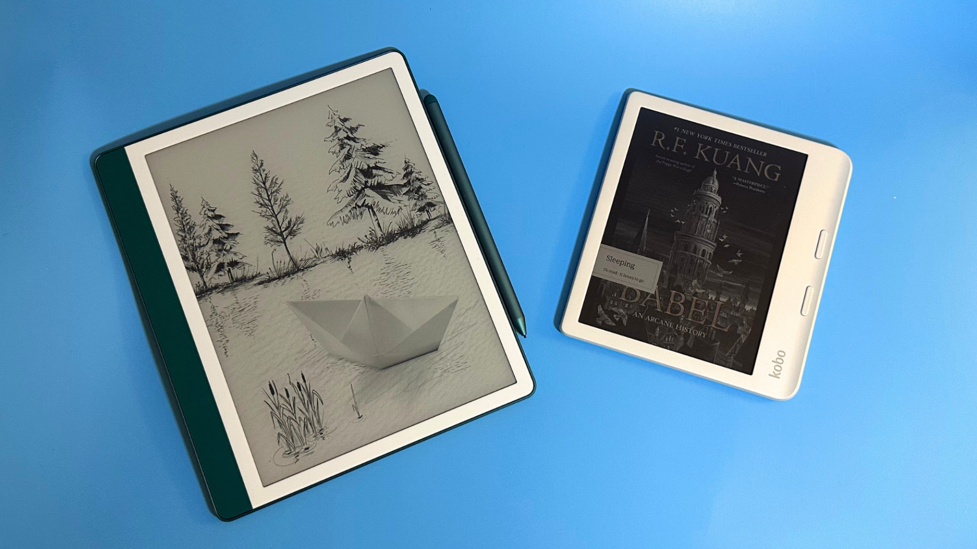 A Kindle Scribe next to a Kobo Libra Colour