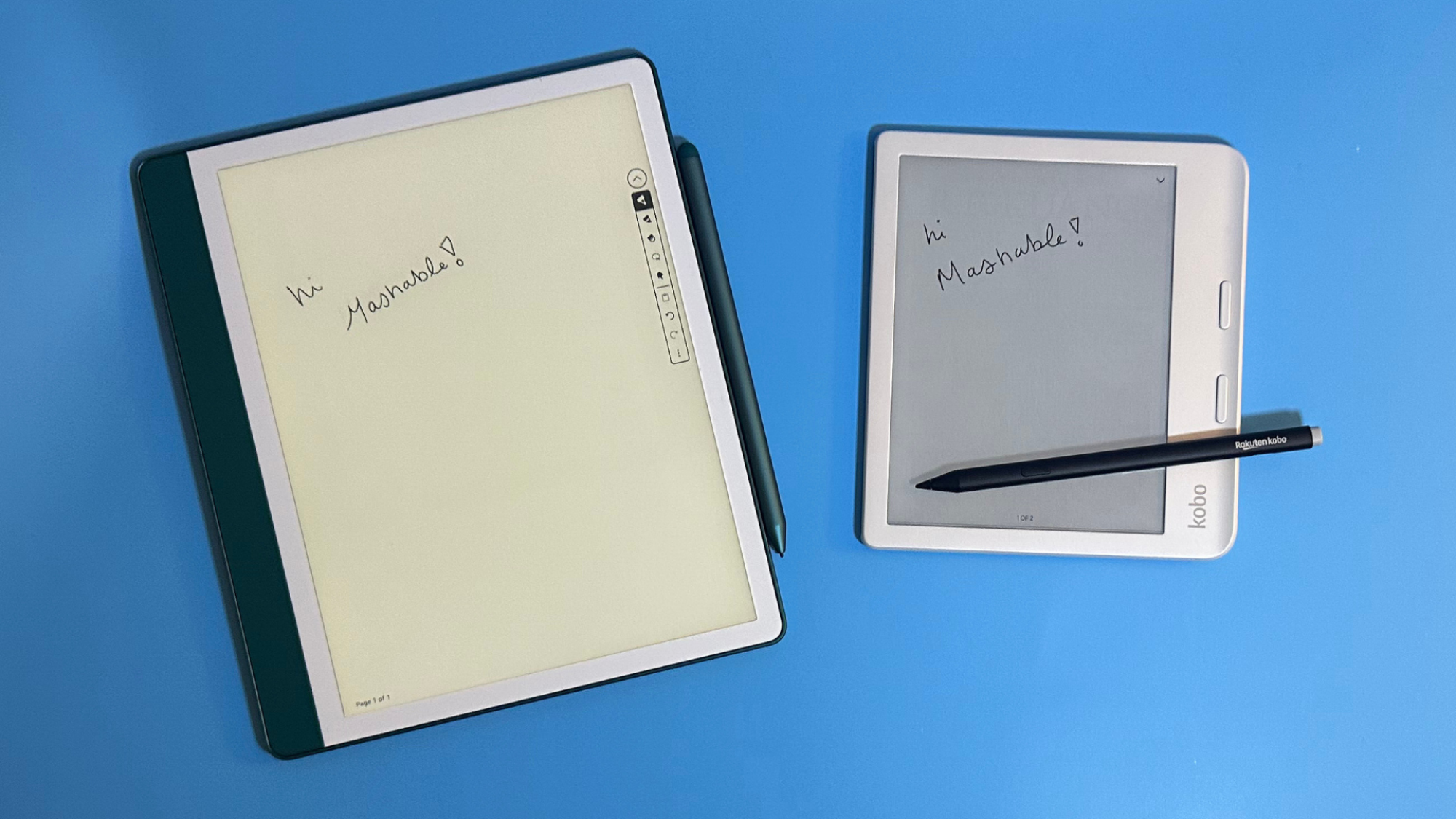 A Kindle Scribe on the left and a Kobo Libra Colour on the right.