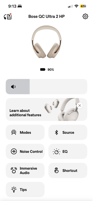 screenshot of companion app for bose qc ultra 2 headphones