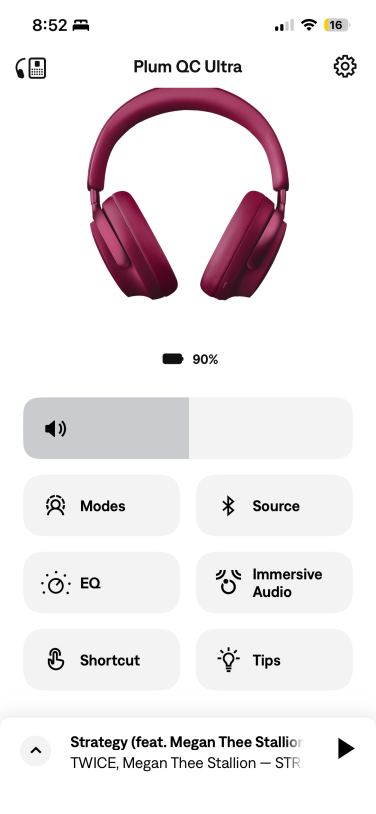 screenshot of companion app for bose qc ultra headphones
