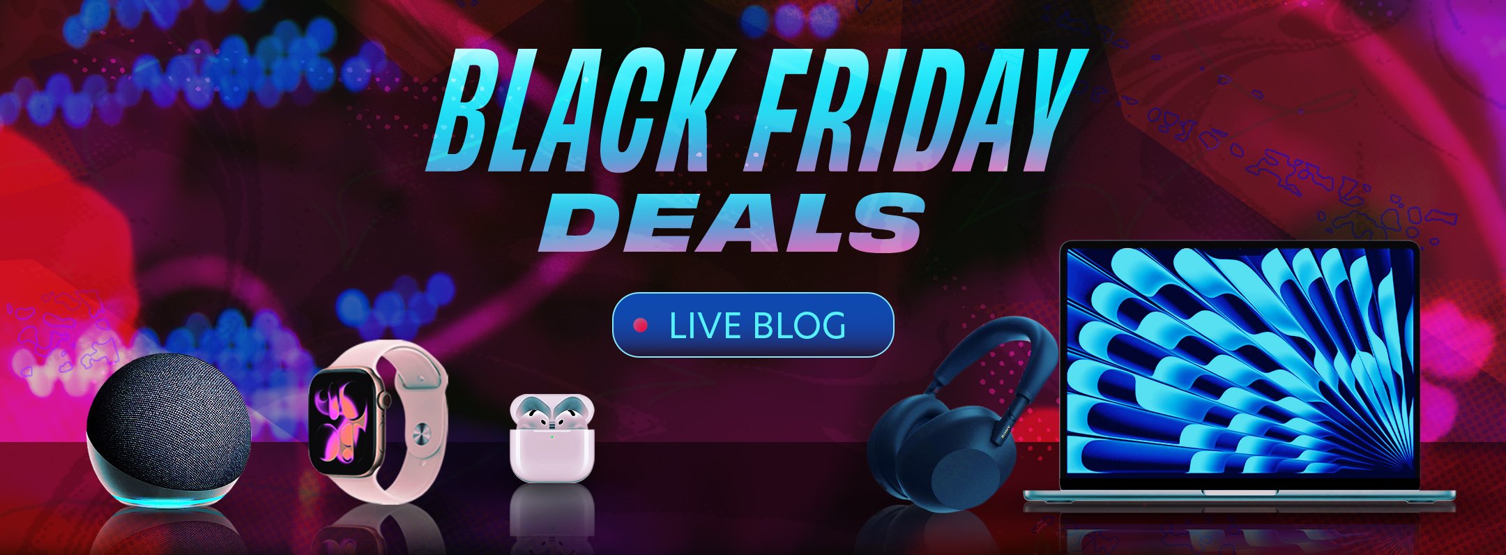 apple, amazon and sony gadgets on illustrated background with text that reads 'black friday deals: live blog'