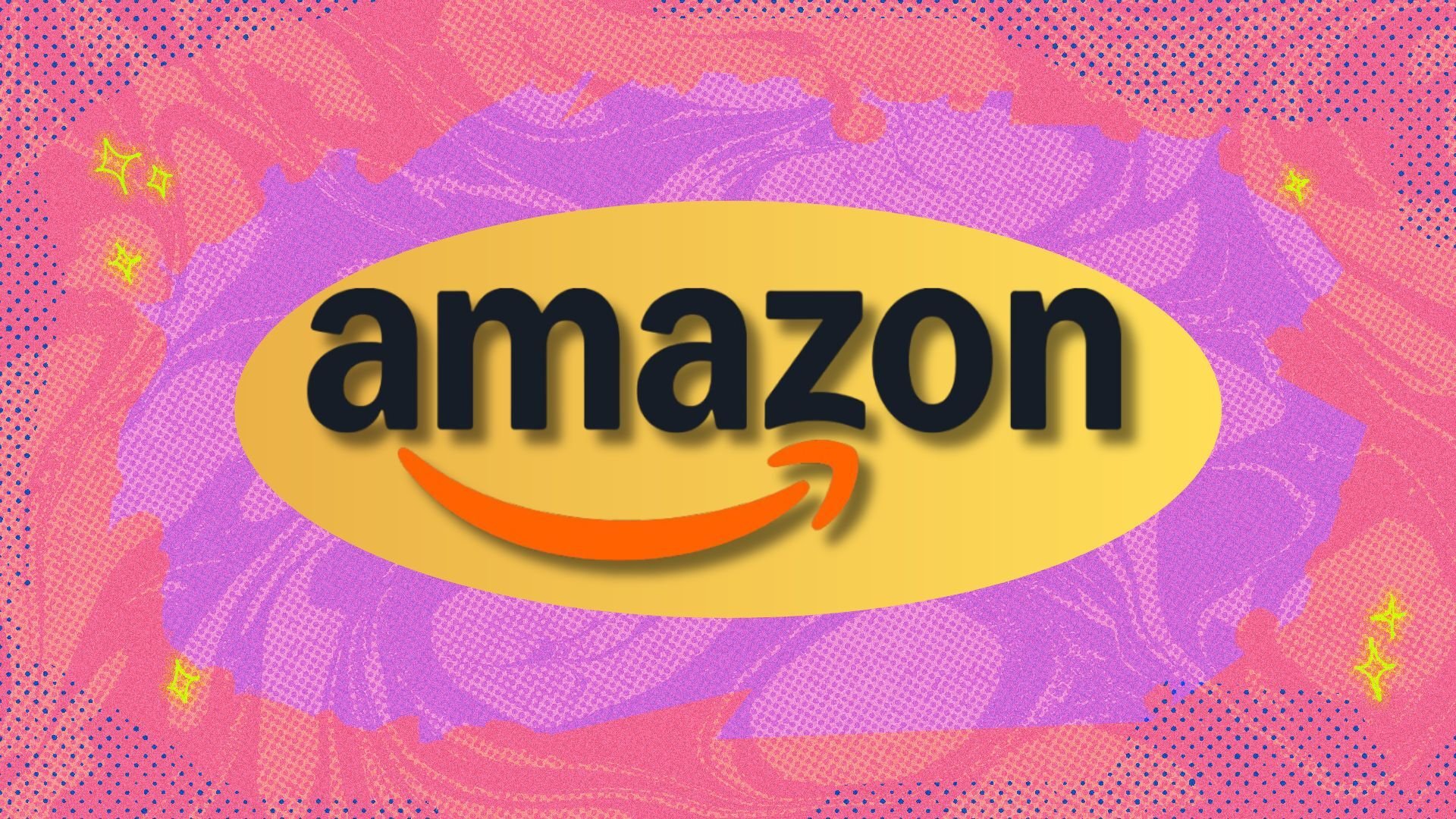 the Amazon logo on a yellow and pink background