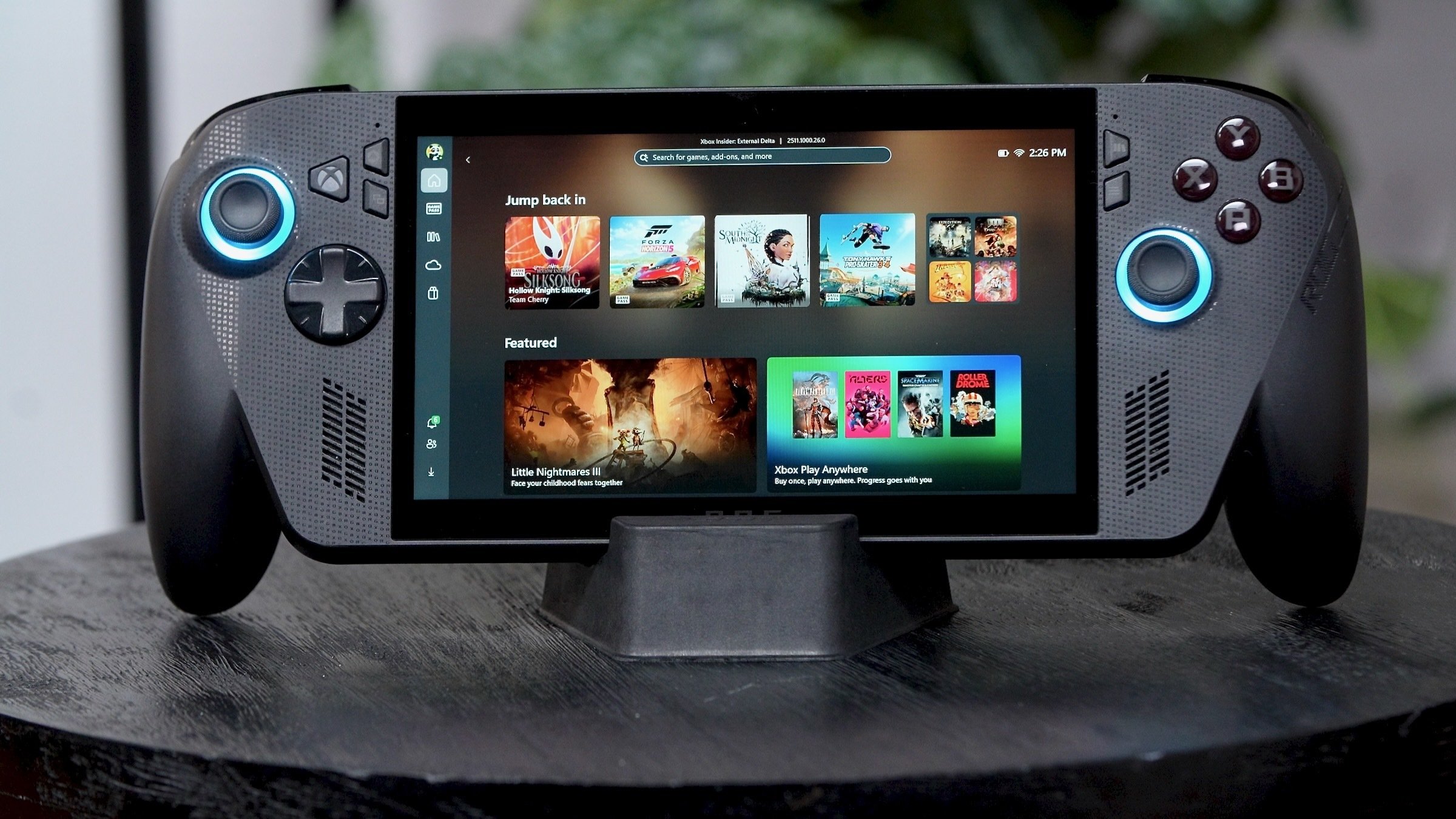 rog xbox ally x on display with menu screen