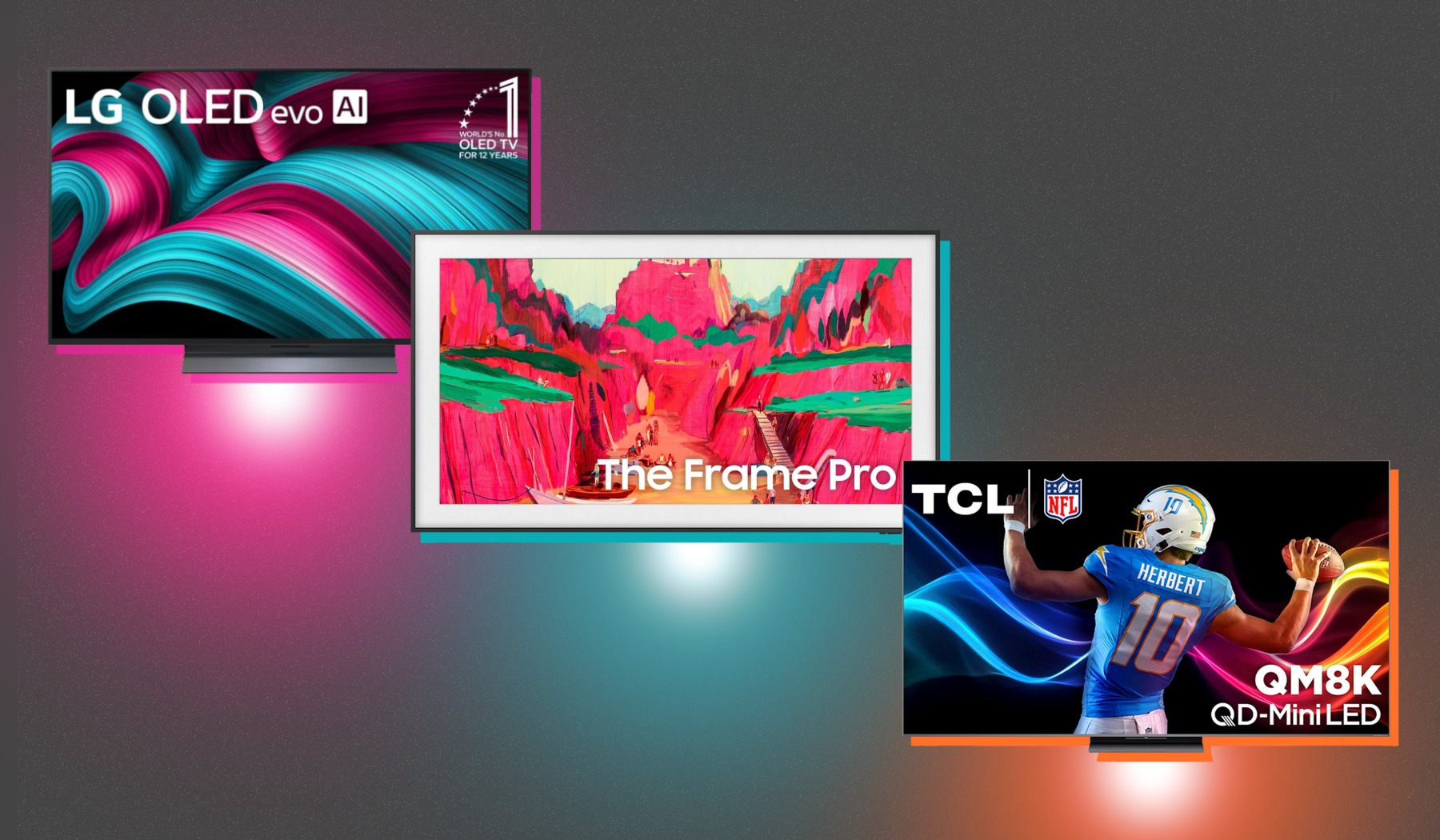 The LG C5 OLED TV, Samsung The Frame Pro QLED TV, and TCL QM8K Mini LED TV arranged on gray backdrop with colorful glow behind each TV