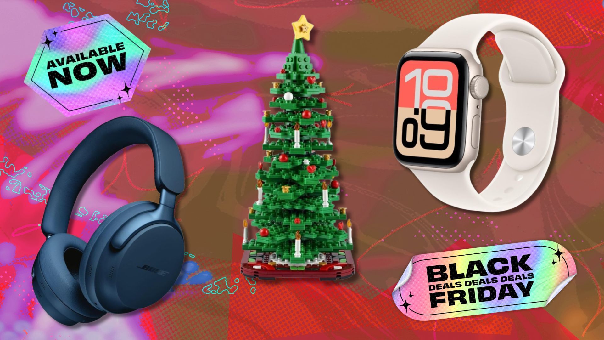 bose headphones, a lego christmas tree, and an apple watch on a busy pink background that indicates black friday sales