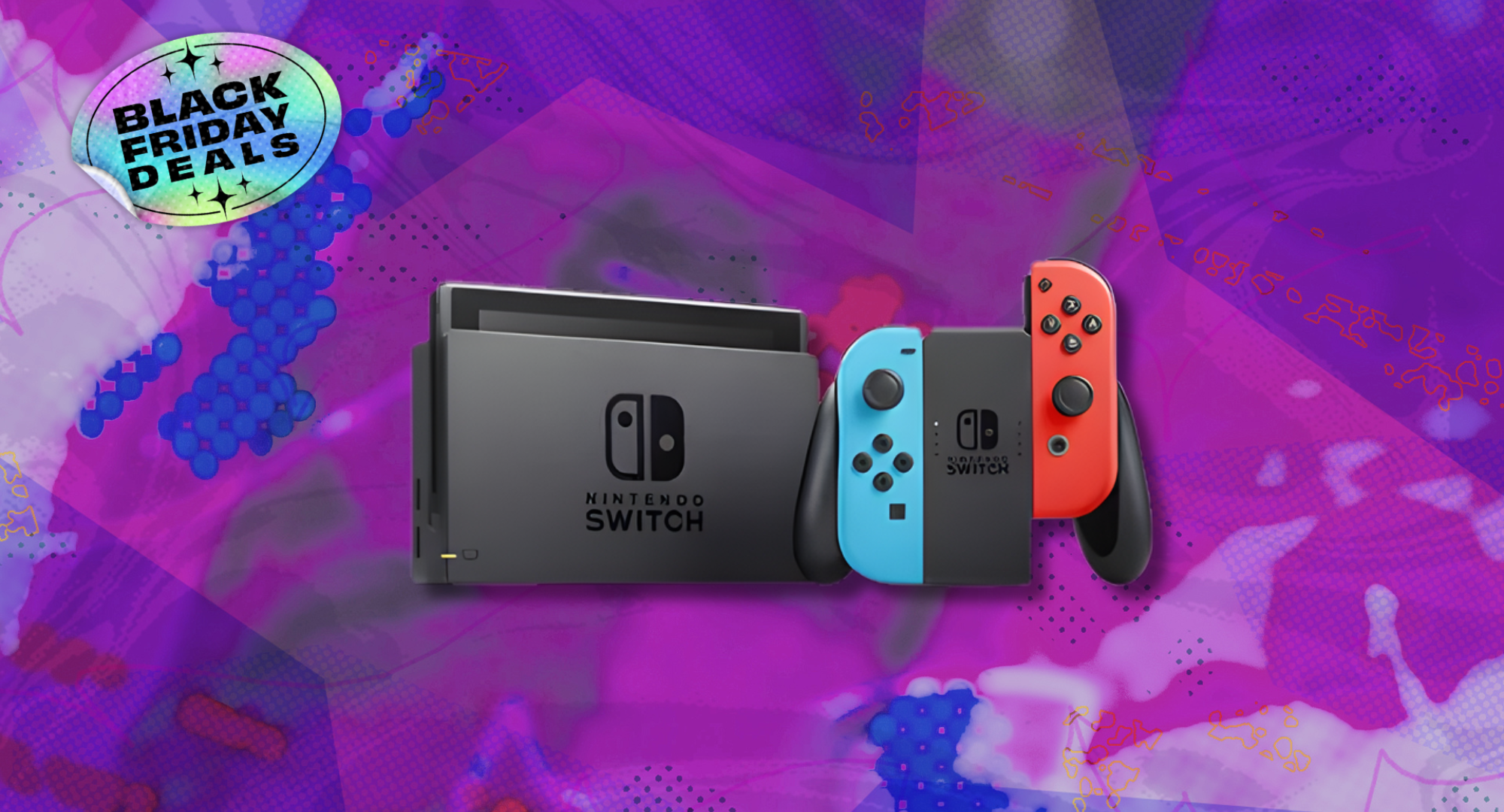 An Nintendo Switch against a purple background. 