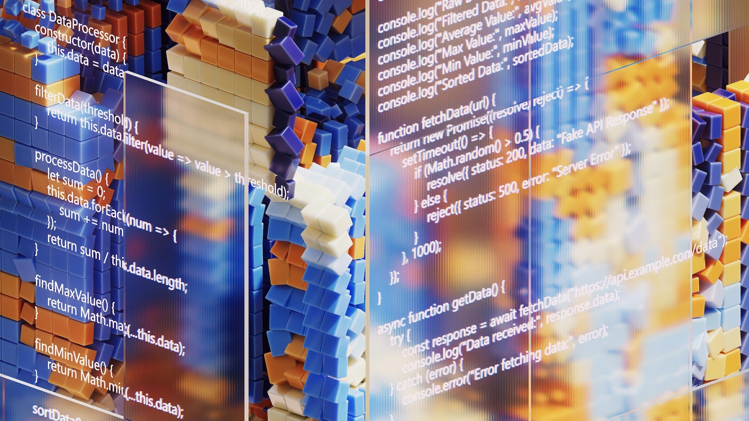Abstract representation of software development and vibe coding, visualized as interconnected cubes and lines of code