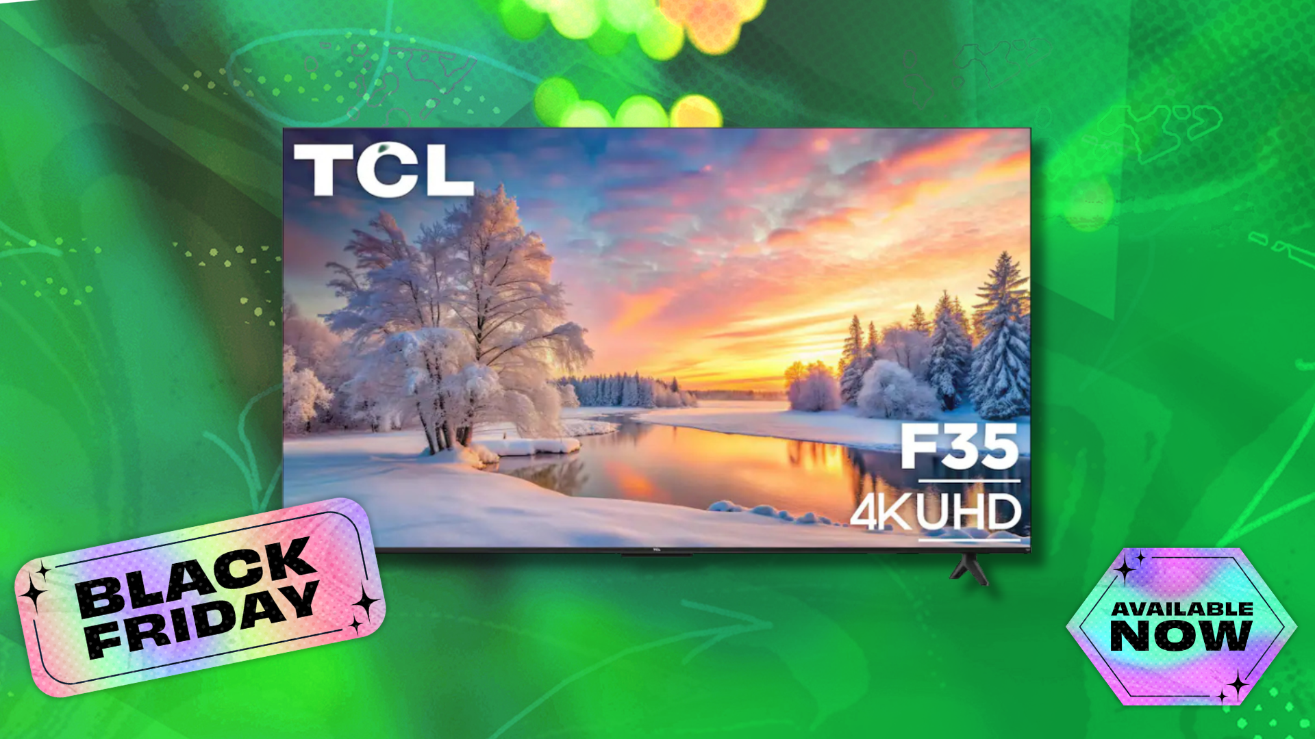 tcl tv on illustrated background with stickers that read 'black friday' and 'available now'