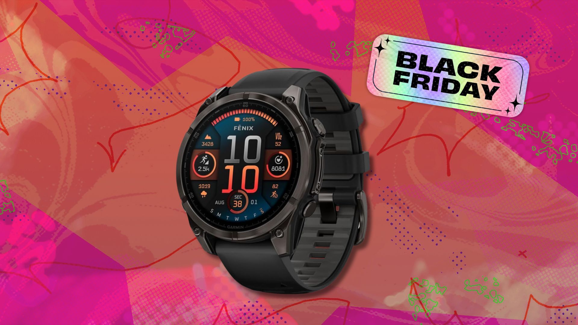Garmin Fenix 8 on pink and orange abstract background