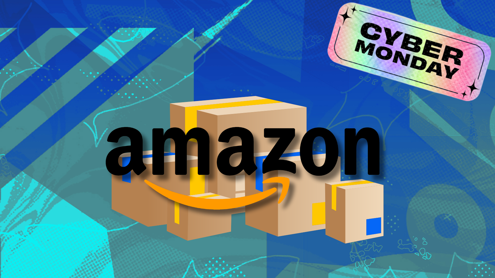 Amazon logo overlaying stack of packages with cyber monday tag in corner on blue background