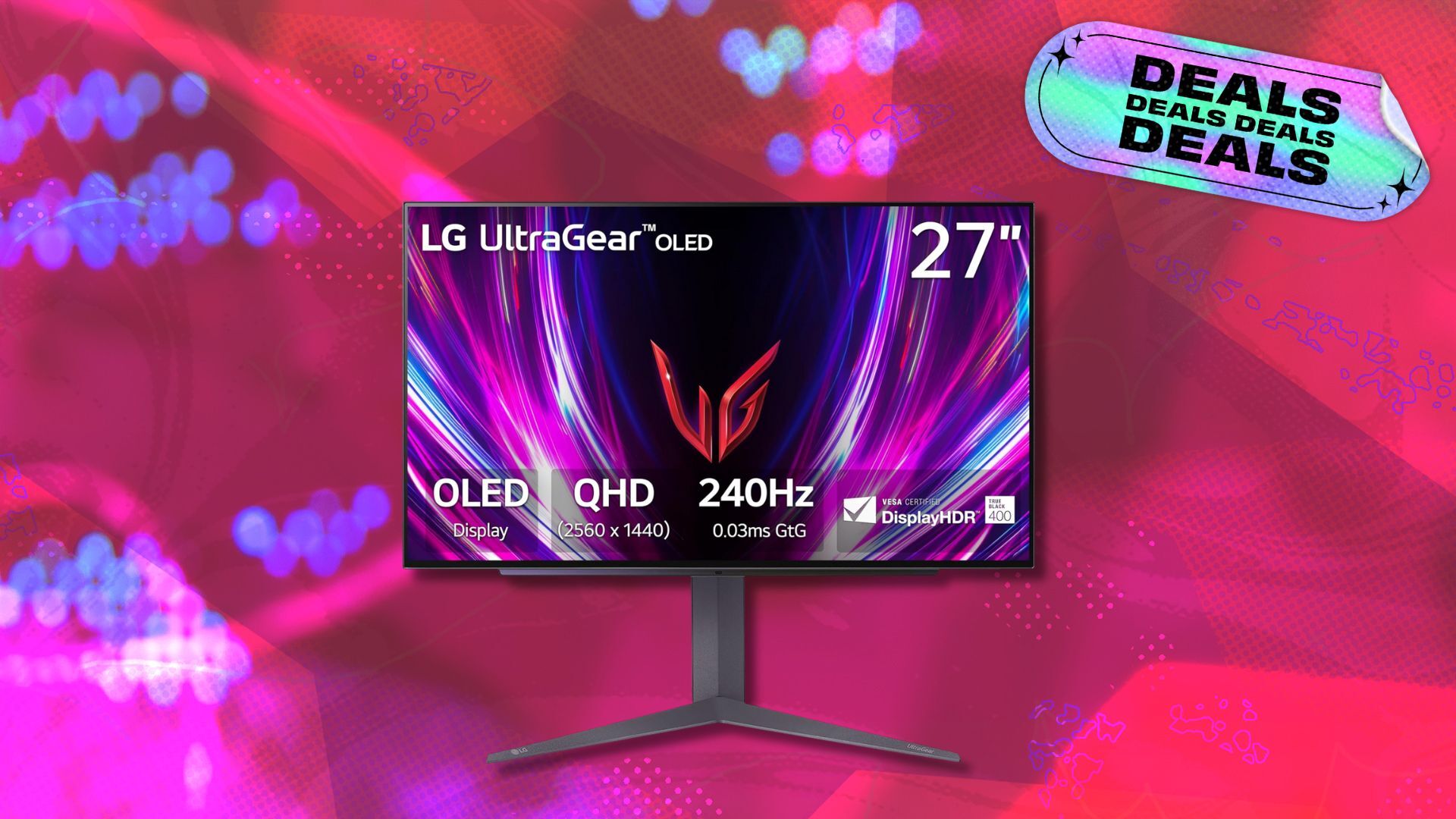 LG Ultragear OLED monitor on pink and dark red abstract background