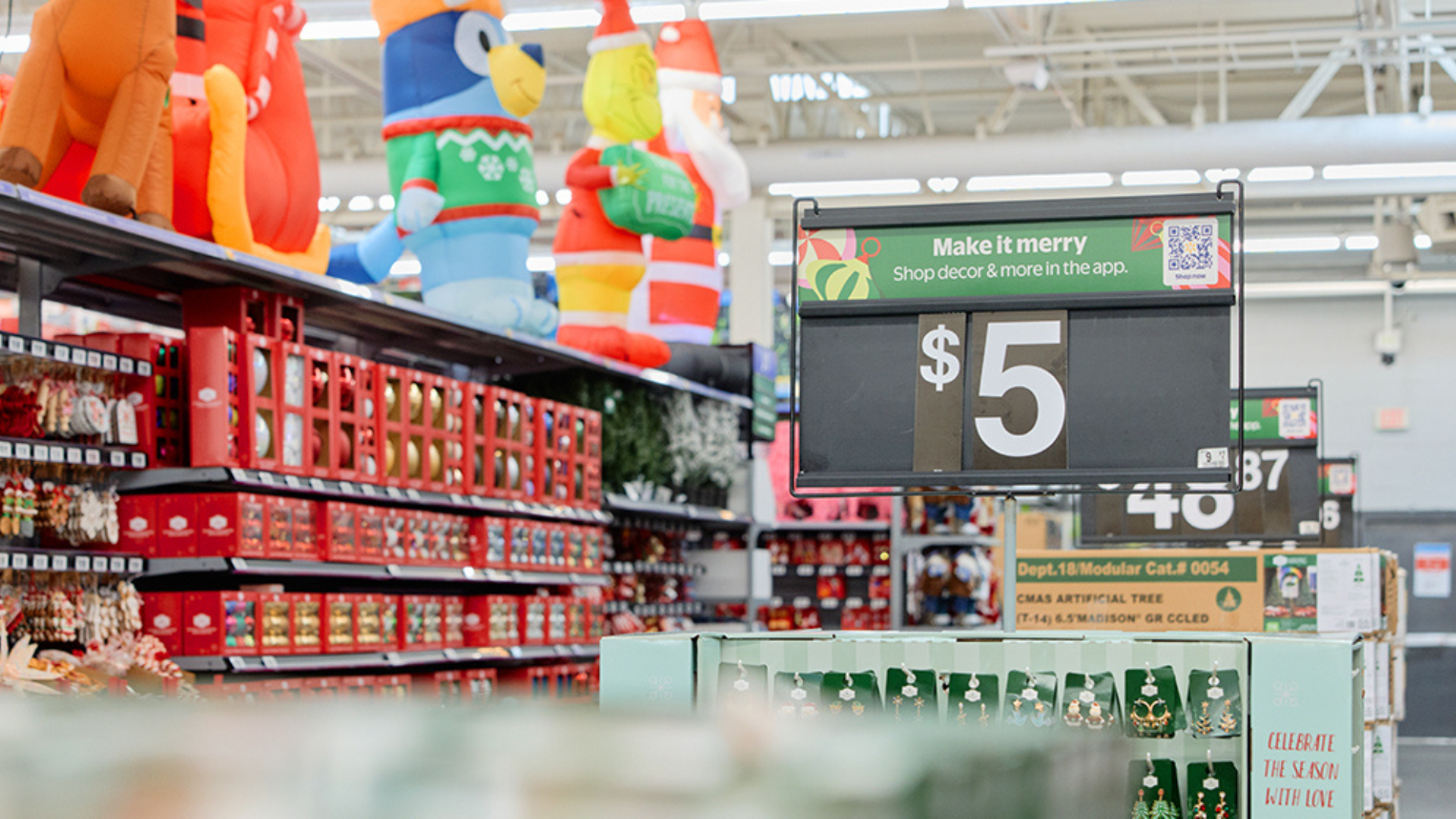 A Walmart aisle decorated in holiday decor