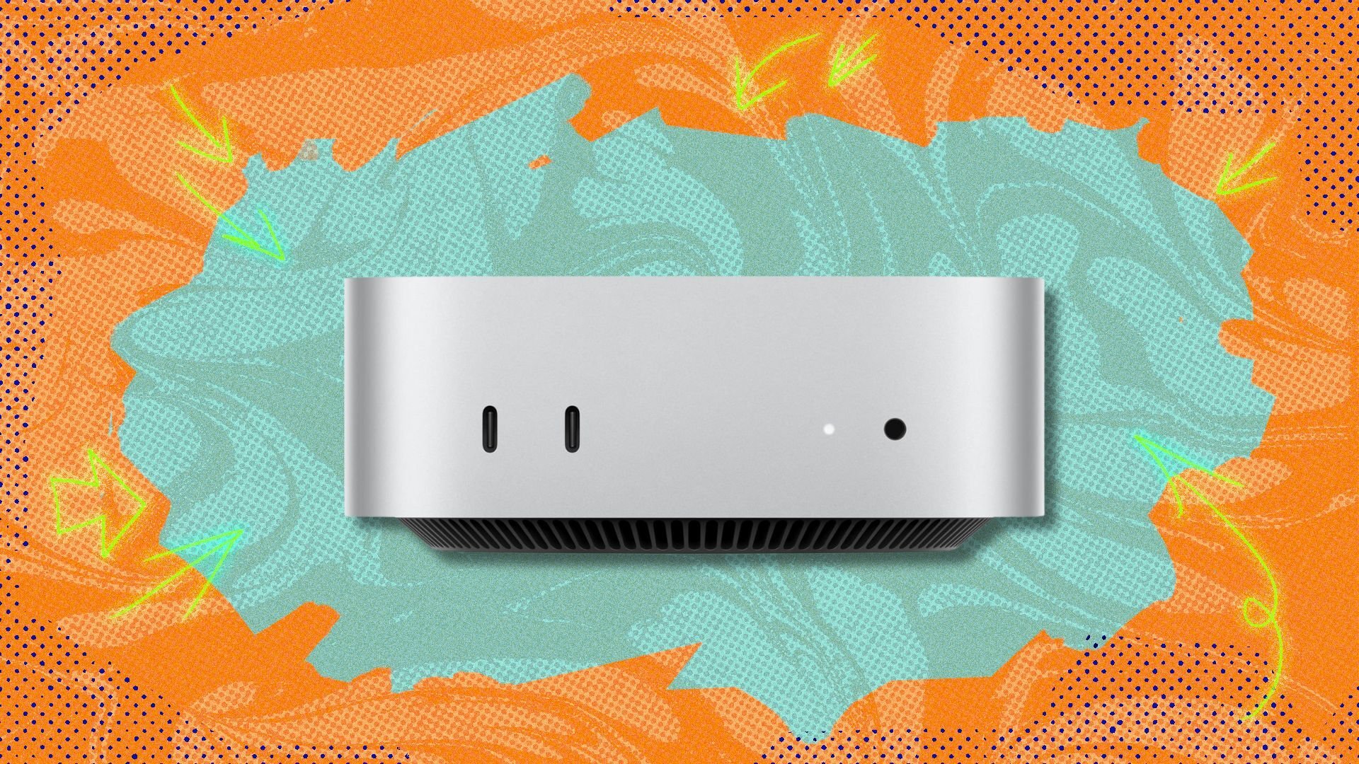 mac mini against an orange and blue patterned background