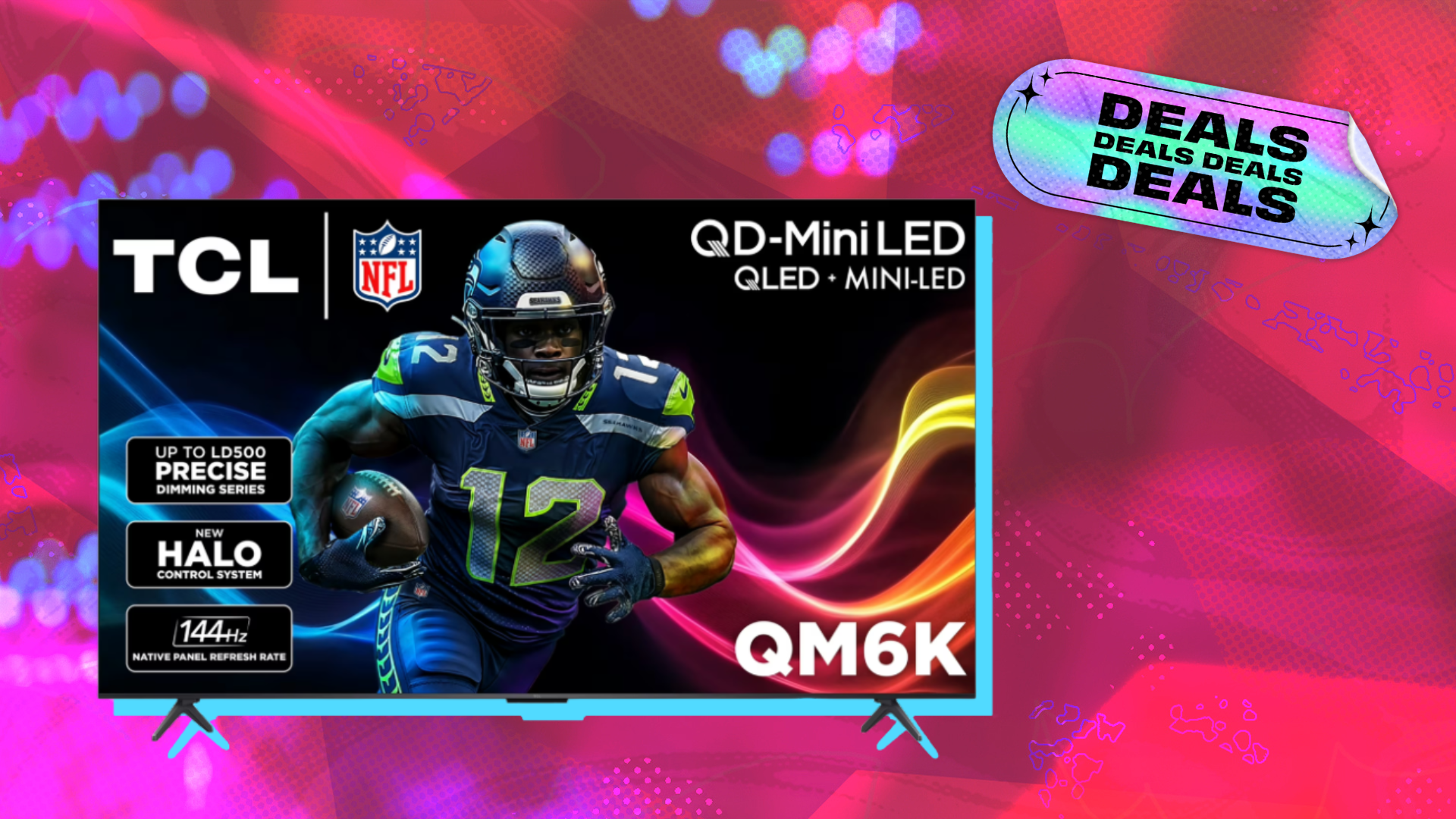 TCL QM6K TV on pink backdrop with deals tag in corner