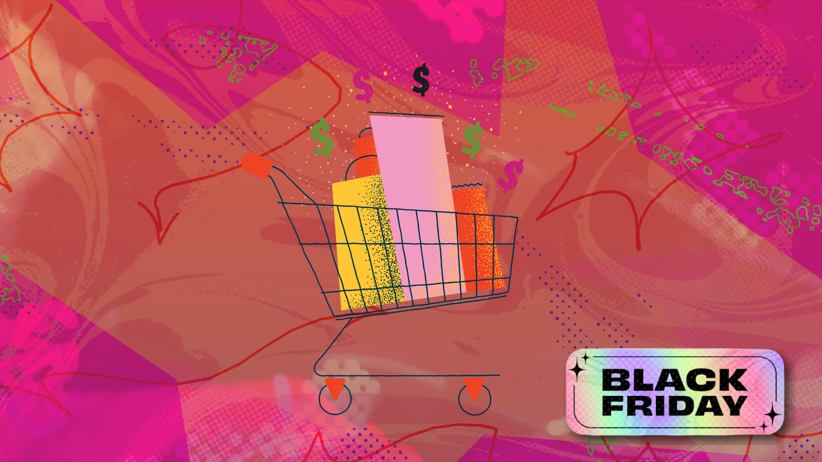 shopping cart full of gifts with pink and orange background