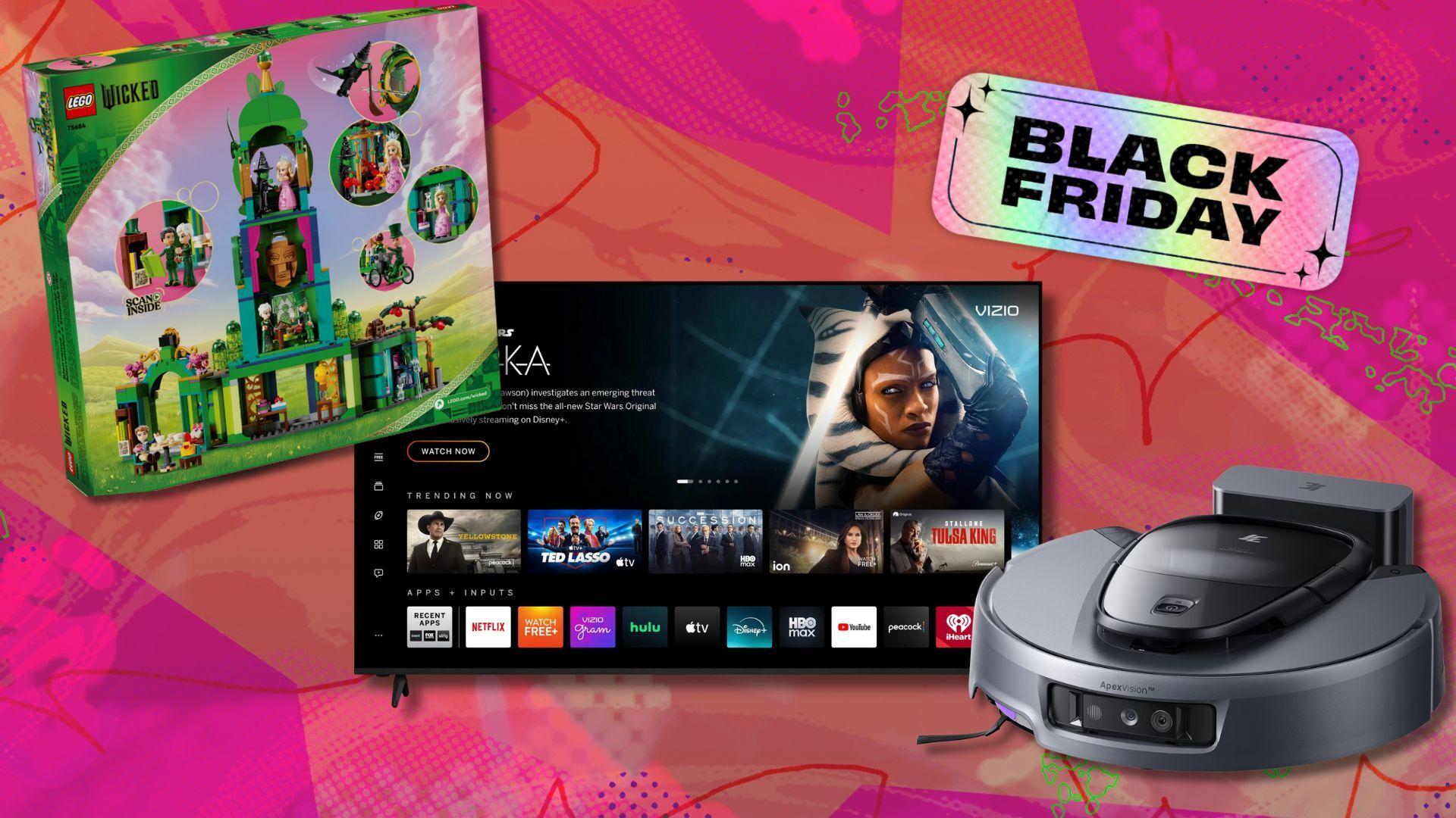 composite image on pink abstract background with Lego set, Vizio smart TV, and 3i robot vacuum cleaner.