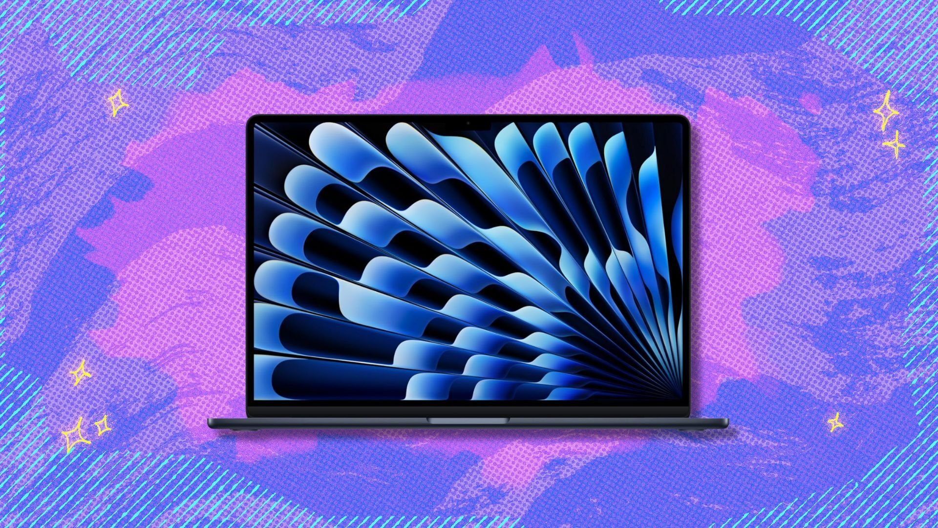 macbook air against a purple patterned background