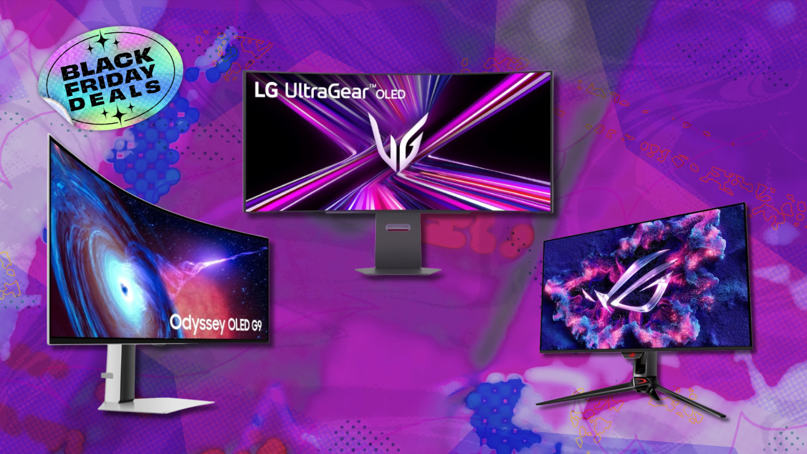 ASUS, LG, and Samsung monitors with purple background and black friday tag