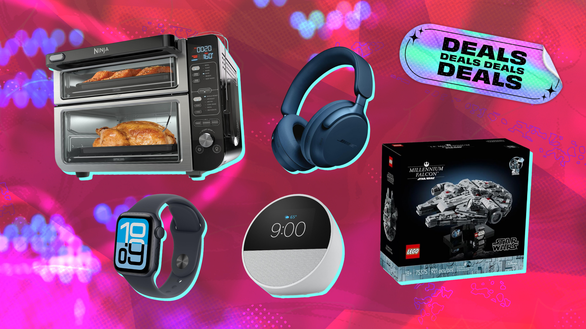 Ninja air fryer oven, Apple Watch, Echo Spot, Bose headphones, and Lego Star Wars box on a busy pink background that indicates black friday sales