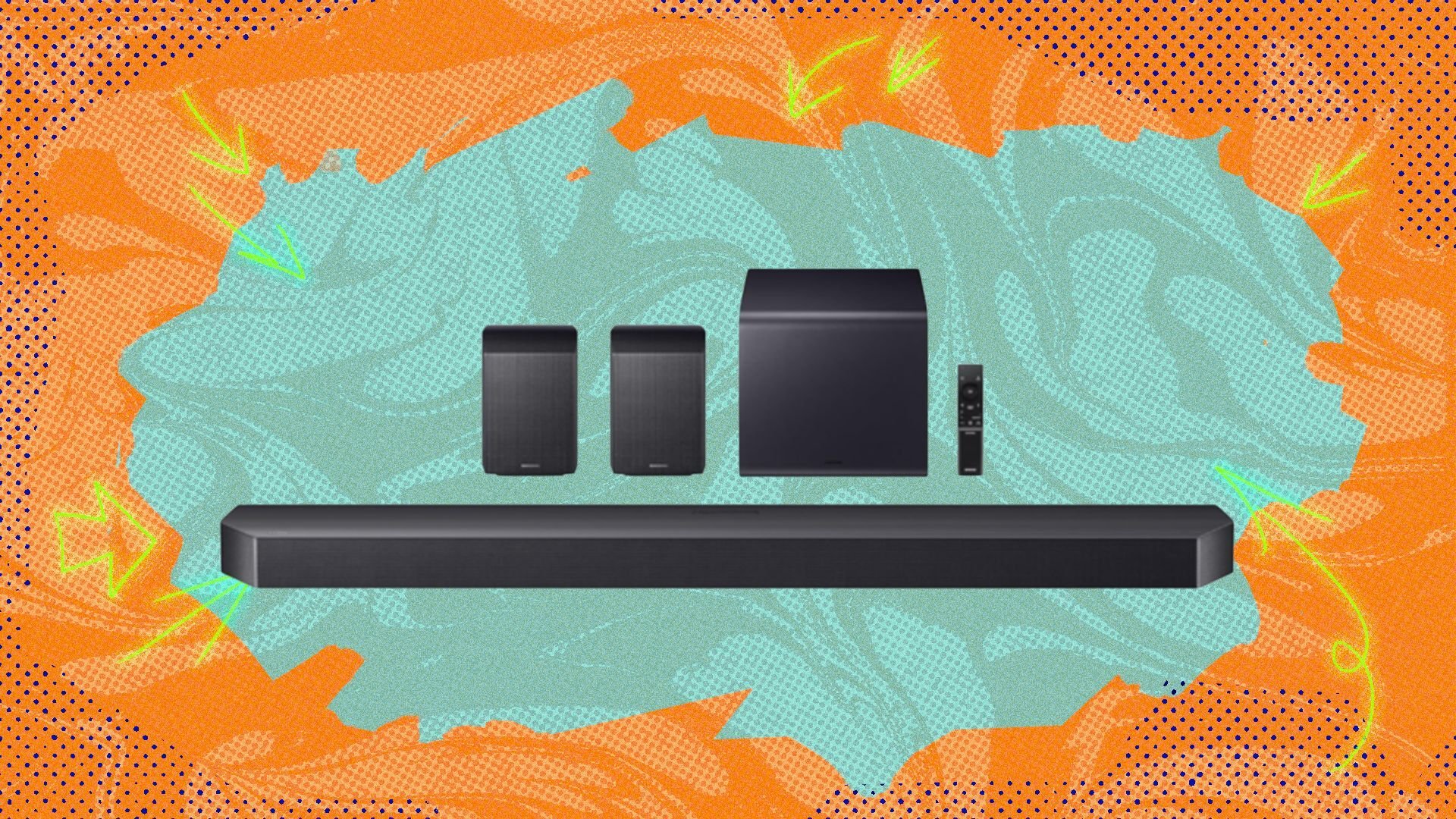 samsung speaker system against a blue and orange patterned background