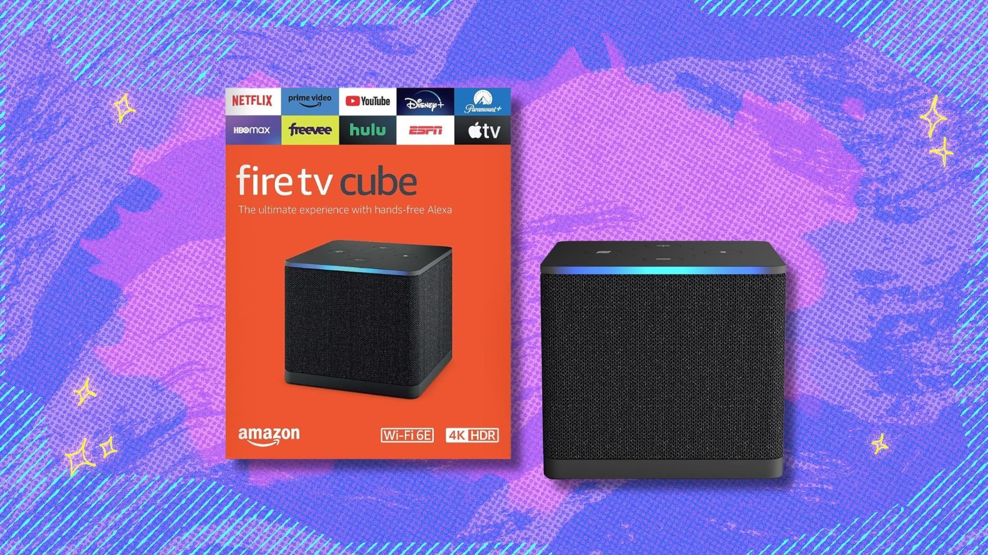fire tv cube and box against a purple patterned background