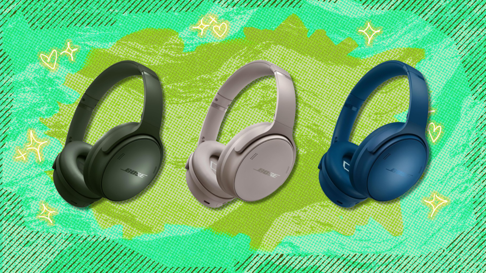 Bose QuietComfort headphones in green, sandstone, and blue with funky green background