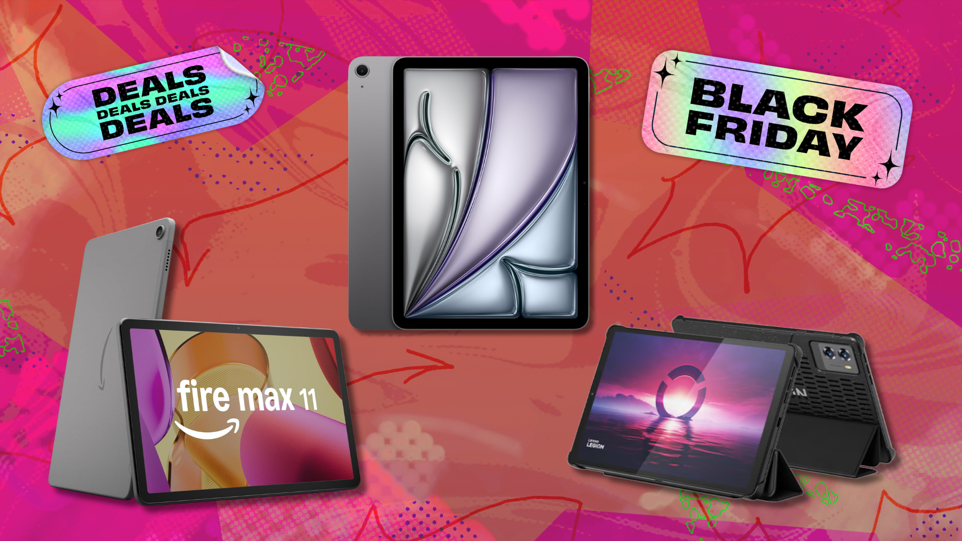 An Amazon Fire Max 11, Apple iPad Air, and Lenovo Legion Tab Gen 3 on a colorful background