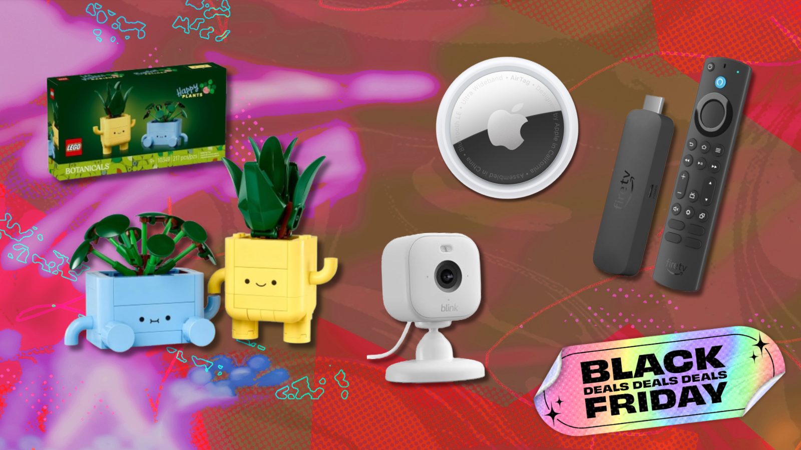 Lego plants, Blink Mini camera, Apple AirTag, and Fire TV Stick with red background