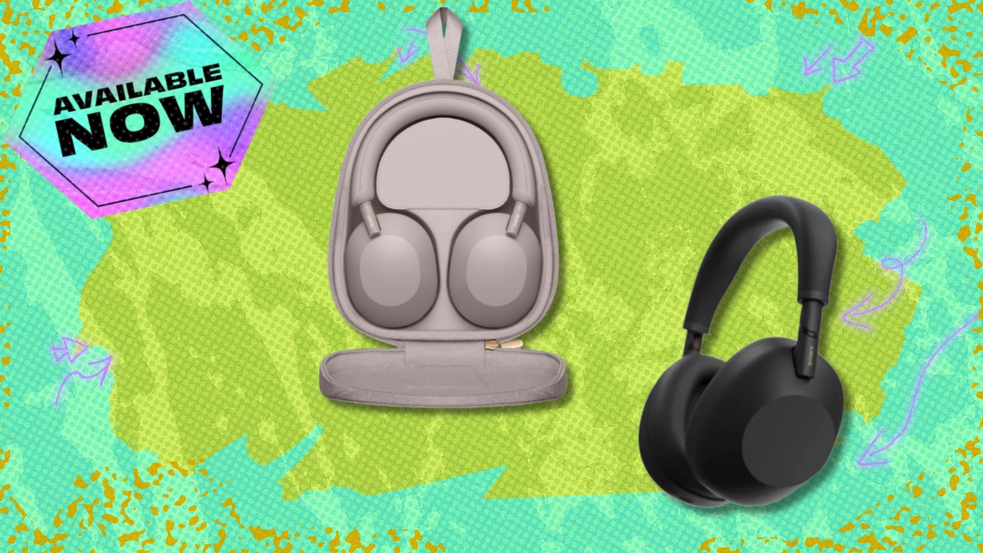 the Sony WH-1000XM5 Noise-Cancelling Headphones on a green background