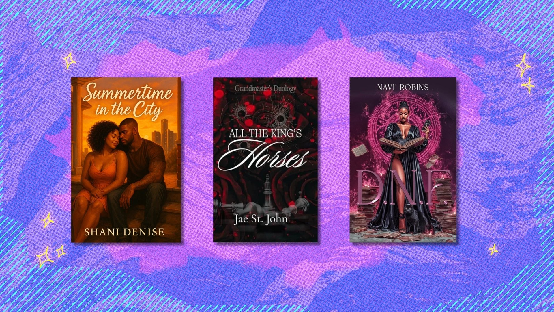 Book covers on blue background