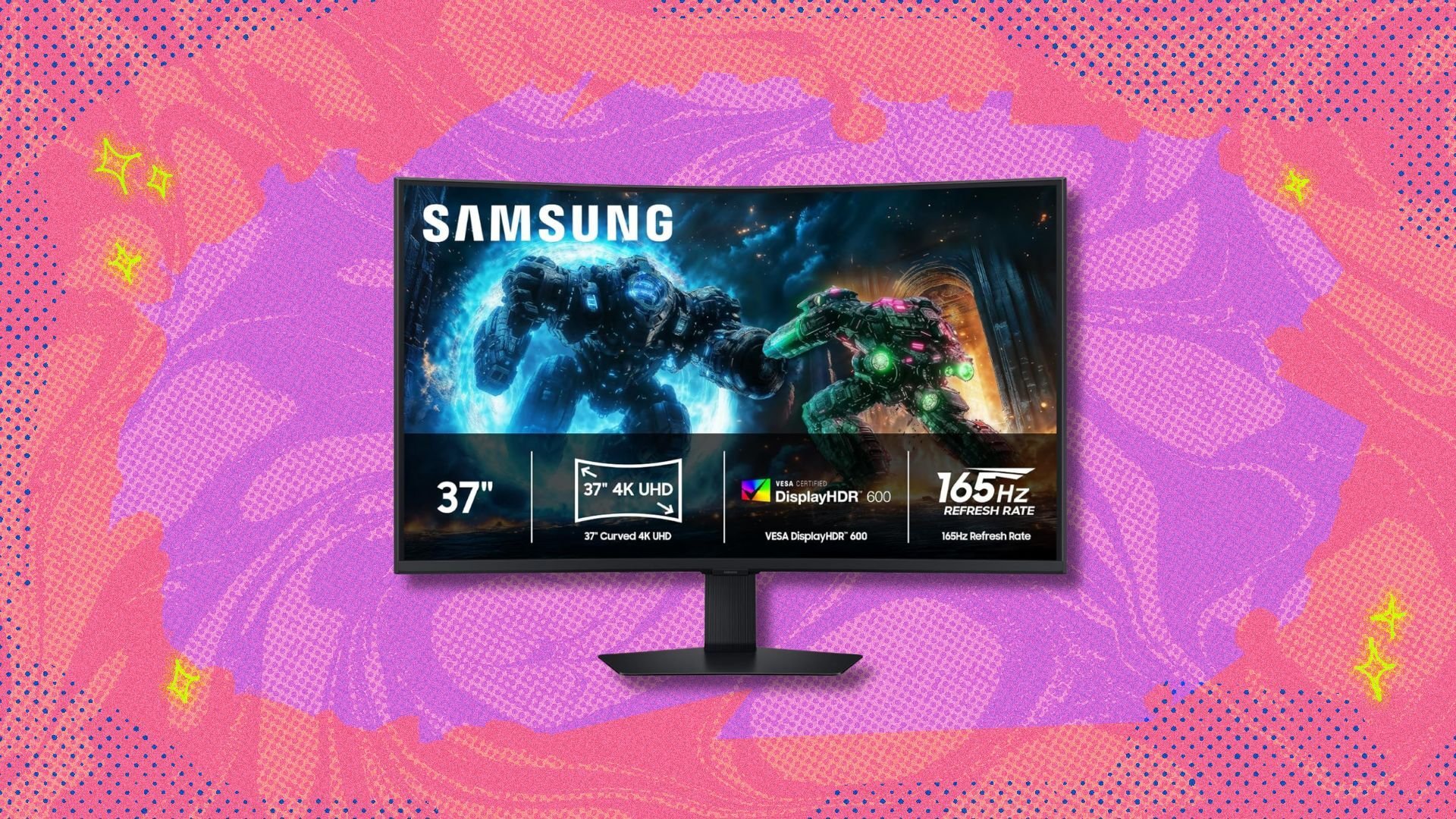 samsung 37-inch 4k odyssey g7 curved monitor against a pink and purple patterned background